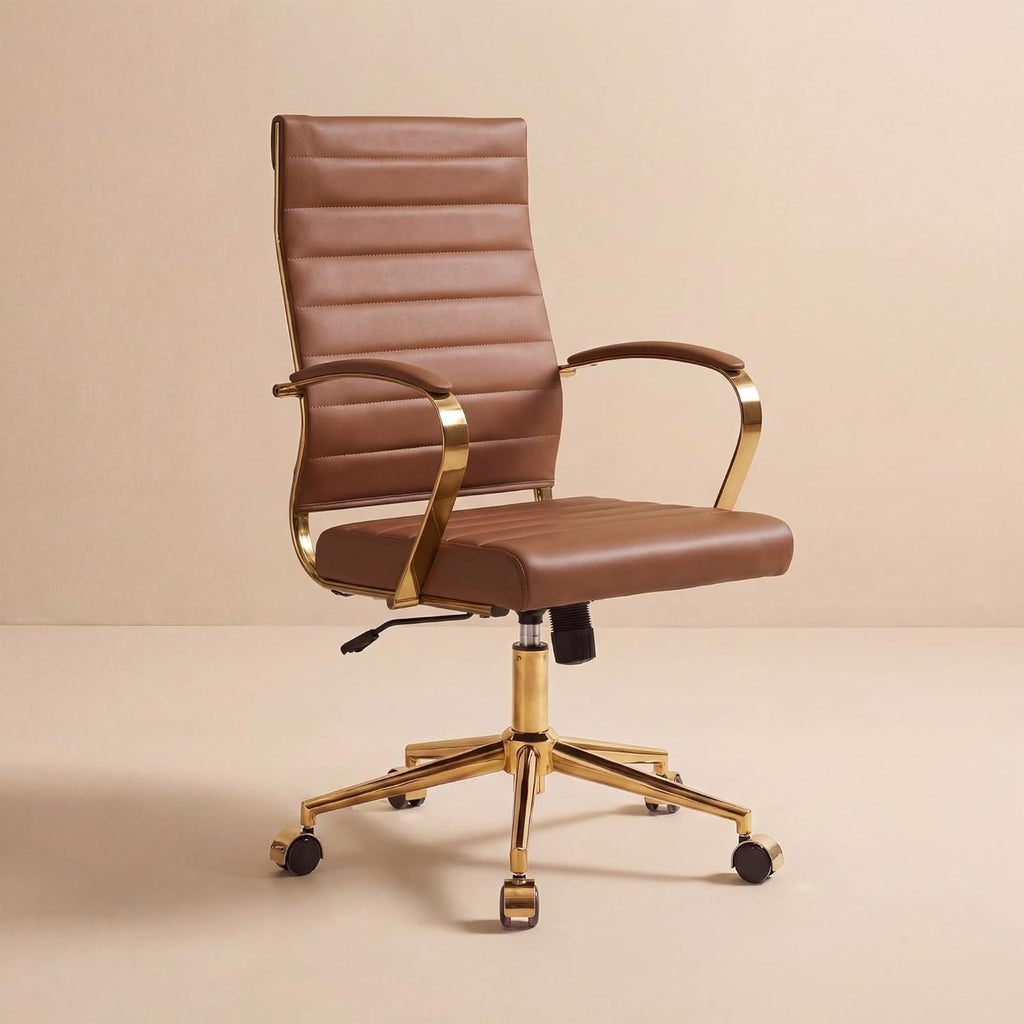 Okeysen Gold Office Desk Chair, Ergonomic Leather Modern Conference Room Chairs, Executive Ribbed Height Adjustable Swivel Rolling Golden Chair for Home Office.