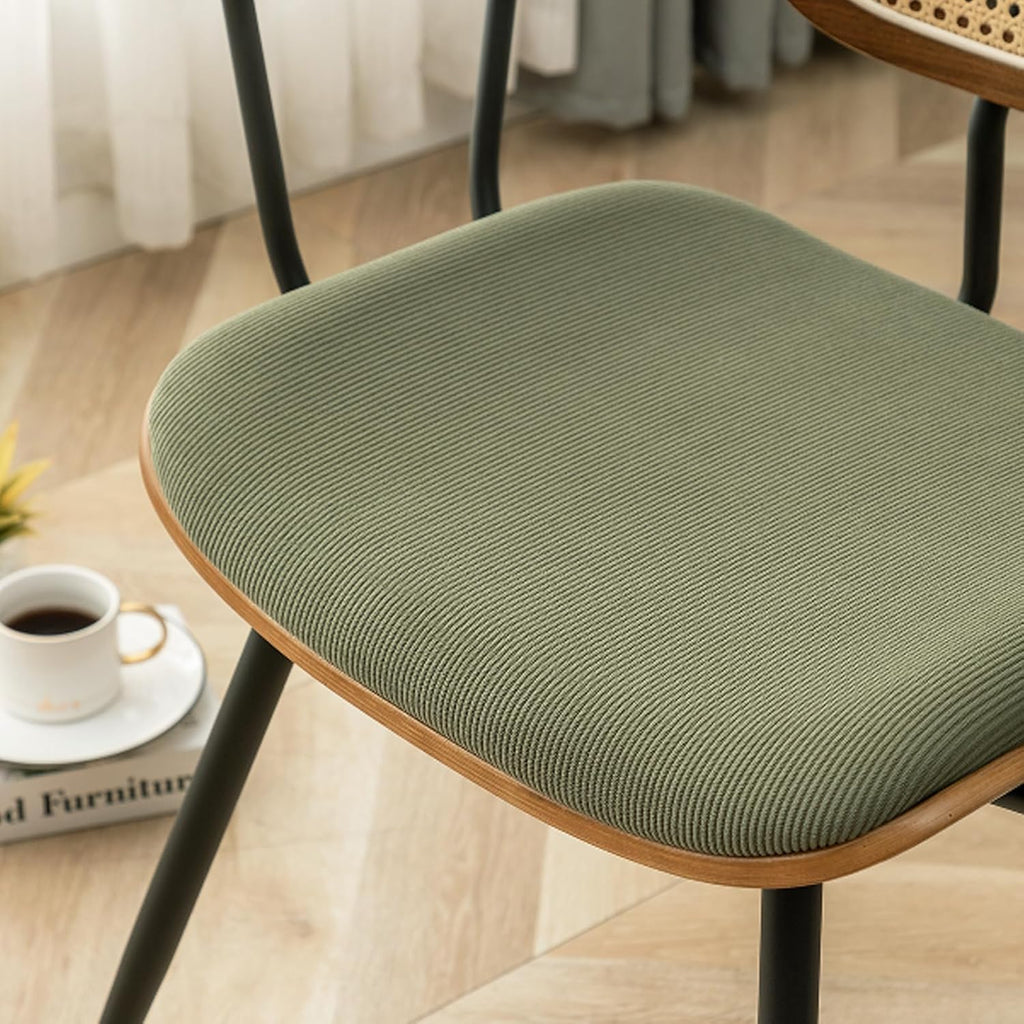 Rattan Dining Room Chairs Set of 4,Mid Century Modern Kitchen Side Chair,Metal Legs Desk Chair,Green Corduroy Fabric Upholstered Accent Chair with Arms and Rattan Backrest