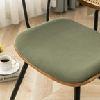 Rattan Dining Room Chairs Set of 4,Mid Century Modern Kitchen Side Chair,Metal Legs Desk Chair,Green Corduroy Fabric Upholstered Accent Chair with Arms and Rattan Backrest