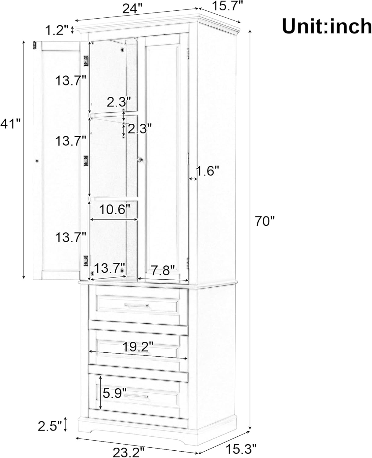 Merax 70" Pantry Cabinet with Two Doors & Three Drawer, Adjustable Shelves Storage Cupboard for Kitchen/Dining Room/Bathroom, Gray