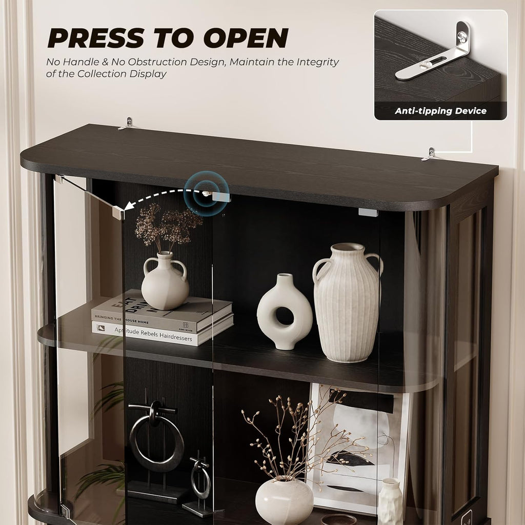 BROTTAR Large Rounded Display Cabinet with Glass Door, 4-Tier Curio Cabinet with 3 Color Lights for Collectibles, Glass Display Case with Transparent Full-Display Surface, Human Body Sensor, Black
