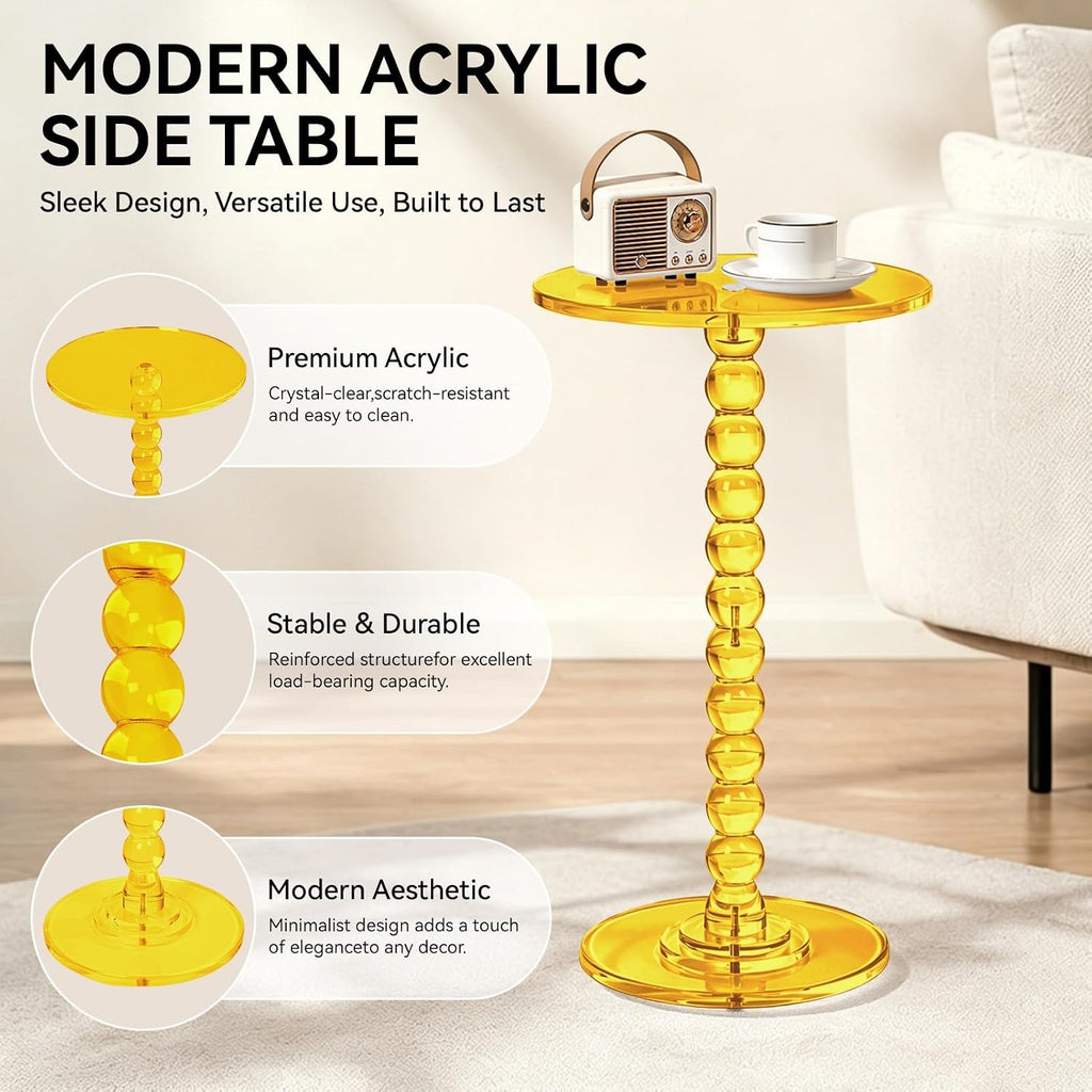 Acrylic Round Side Table Clear End Stand with Column Base Transparent Modern Pedestal Drink Storage Small Space Bedside Nightstand for Living Room Bedroom Balcony Home Decor Orange