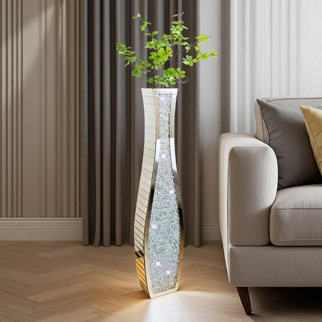 36" Extra Tall Double Sided Crushed Diamond Vases, Mirrored Silver Vase,Floor Vases Decorative Tall, Large Decorative Vase for Home,Office,Hotel Decor(7.72" L x4.33 W x 36" H)