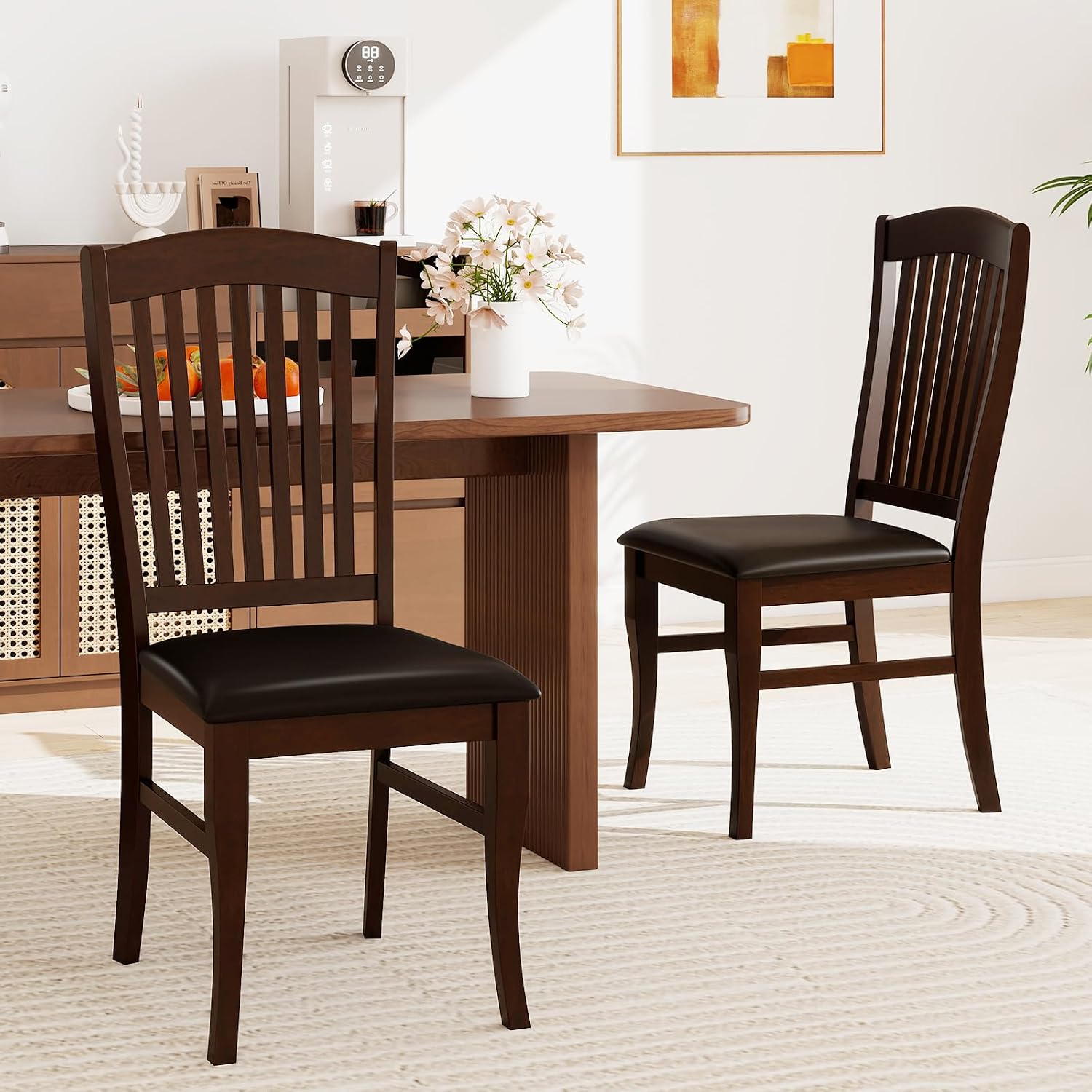 GOFLAME Wooden Dining Chairs Set of 2, Upholstered Kitchen Chairs with PU Leather Seat and Slatted Backrest, Armless Side Chairs with Rubber Wood Frame for Dining Room, Living Room, Restaurant