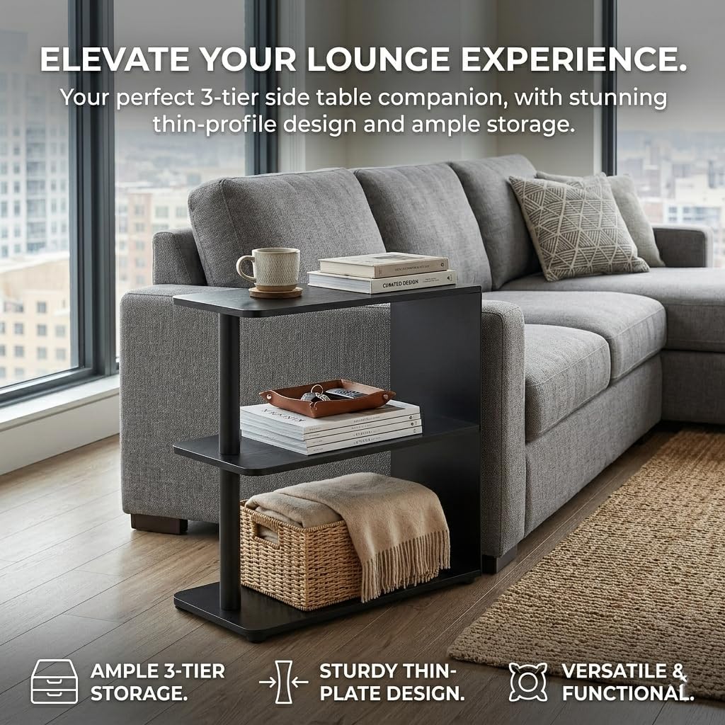 3-Tier Narrow End Table, Industrial Slim Side Table for Small Spaces, Sofa Couch Table Accent Nightstand with Storage Shelves for Living Room, Bedroom, 22.5" L x 10" W x 21.5" H, Black