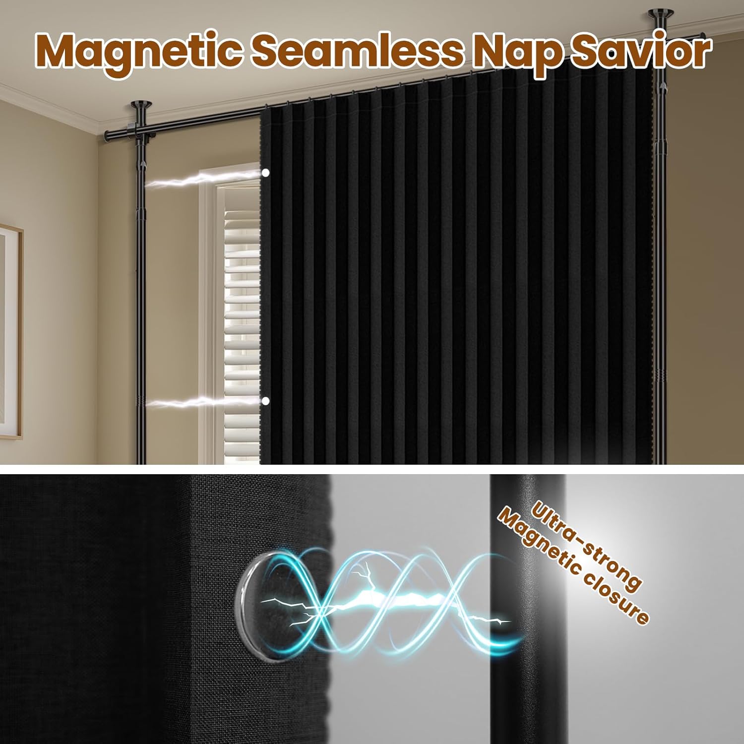 100% Blackout Room Divider Curtains Sets Black 2 Panels W100 x L84in No Drill Curtain Rods(H) 43-120×(W) 35-200 in for Studio Apartment Dorm Office