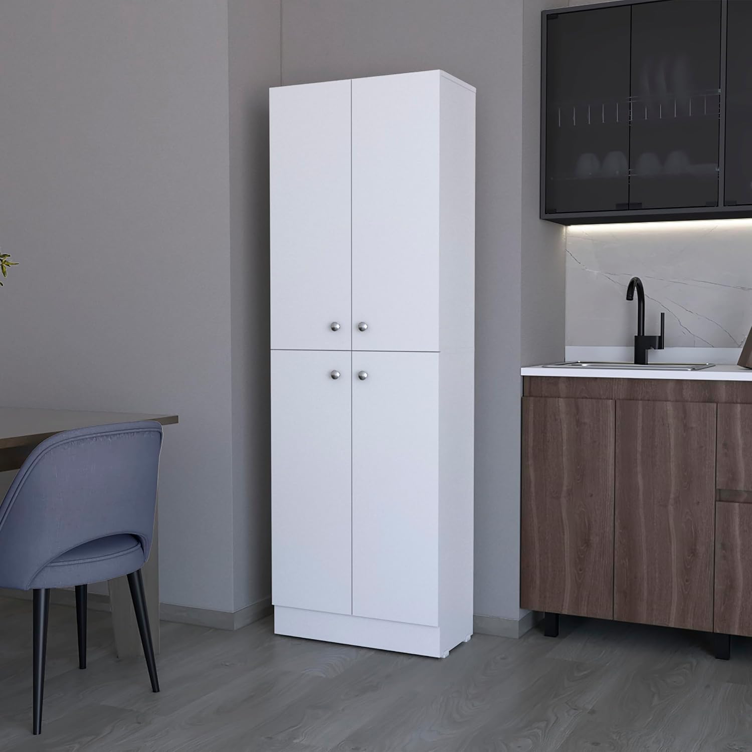 23.6" D*11.8" W*71.1" H Freestanding Kitchen Pantry with 4 Shelves, 2 Double Doors, Rectangular Storage Cabinet, Modern Minimalist, for Living Room, Dining Room, White