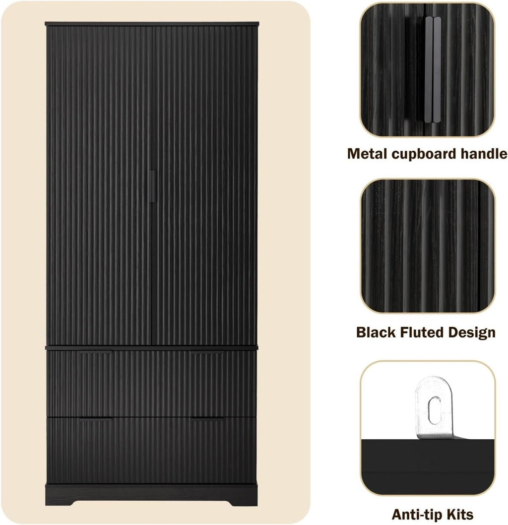 72" Modern Fluted Kitchen Pantry Cabinet with 2 Large Drawers & 8-Door Spice Rack, Freestanding Storage Organizer for Bathroom, Dining Room, Office, Entryway, White/Black,for Kitchen
