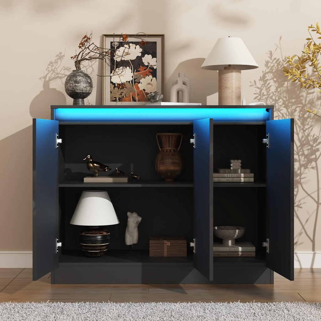 Furnify High Gloss Buffet Cabinet with LED Lights, Modern Sideboard Coffee Bar with 3 Doors & Charging Station, Handless Modern Sideboard Storage Cabinet for Living Room, Entryway, Grey