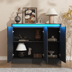 Furnify High Gloss Buffet Cabinet with LED Lights, Modern Sideboard Coffee Bar with 3 Doors & Charging Station, Handless Modern Sideboard Storage Cabinet for Living Room, Entryway, Grey