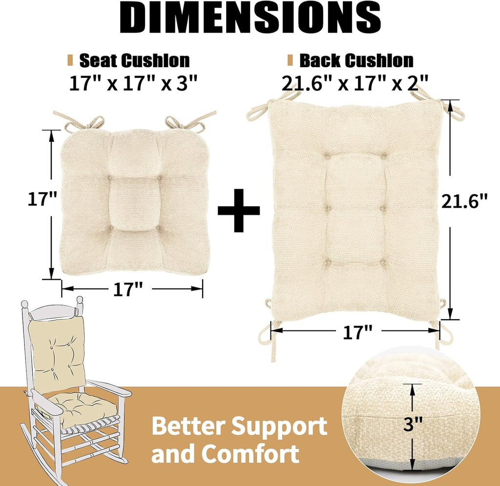 Rocking Chair Cushion for Elderly Sitting, Back Pillow & Seat Cushion with Ties, Luxury Chenille Fabric Non-Slip Chair Pad for Rocker, Beige, 21.6x17x2/ 17x17x3