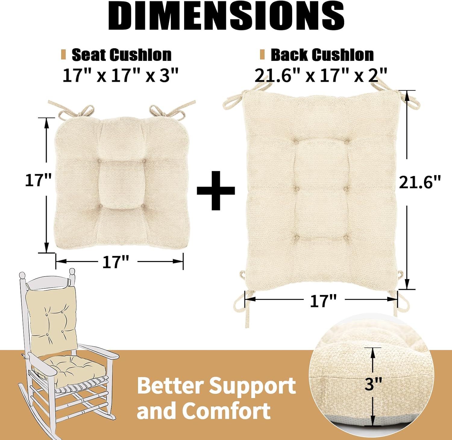 Rocking Chair Cushion for Elderly Sitting, Back Pillow & Seat Cushion with Ties, Luxury Chenille Fabric Non-Slip Chair Pad for Rocker, Beige, 21.6x17x2/ 17x17x3
