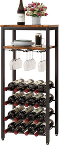 IBUYKE Wine Racks Freestanding Floor,Liquor Bottle Holder,16 Bottles Wine Cabinet with Glass Holder,Wine Holder Display,Mini Wine Bar Table for Living Room,Kitchen Pantry,Dining Room,Brown UTMJ907H