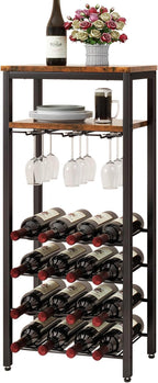 IBUYKE Wine Racks Freestanding Floor,Liquor Bottle Holder,16 Bottles Wine Cabinet with Glass Holder,Wine Holder Display,Mini Wine Bar Table for Living Room,Kitchen Pantry,Dining Room,Brown UTMJ907H