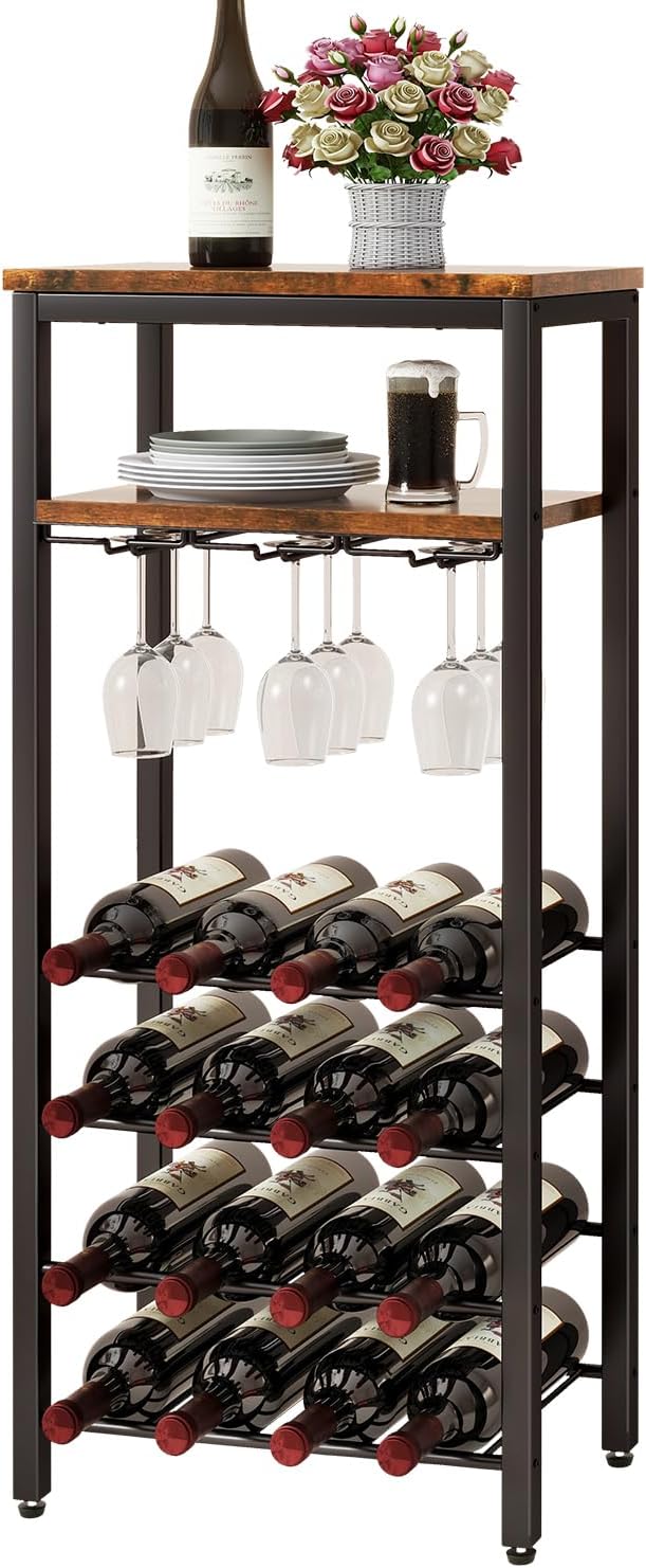 IBUYKE Wine Racks Freestanding Floor,Liquor Bottle Holder,16 Bottles Wine Cabinet with Glass Holder,Wine Holder Display,Mini Wine Bar Table for Living Room,Kitchen Pantry,Dining Room,Brown UTMJ907H