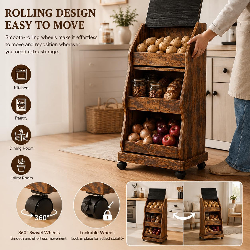 Rustic Farmhouse Pantry Cabinet with Wheels, Wooden Kitchen Storage Organizer for Potatoes, Onions and Bread, Rolling Produce Storage Cabinet for Fruits, Vegetables and Snacks