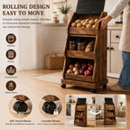 Rustic Farmhouse Pantry Cabinet with Wheels, Wooden Kitchen Storage Organizer for Potatoes, Onions and Bread, Rolling Produce Storage Cabinet for Fruits, Vegetables and Snacks