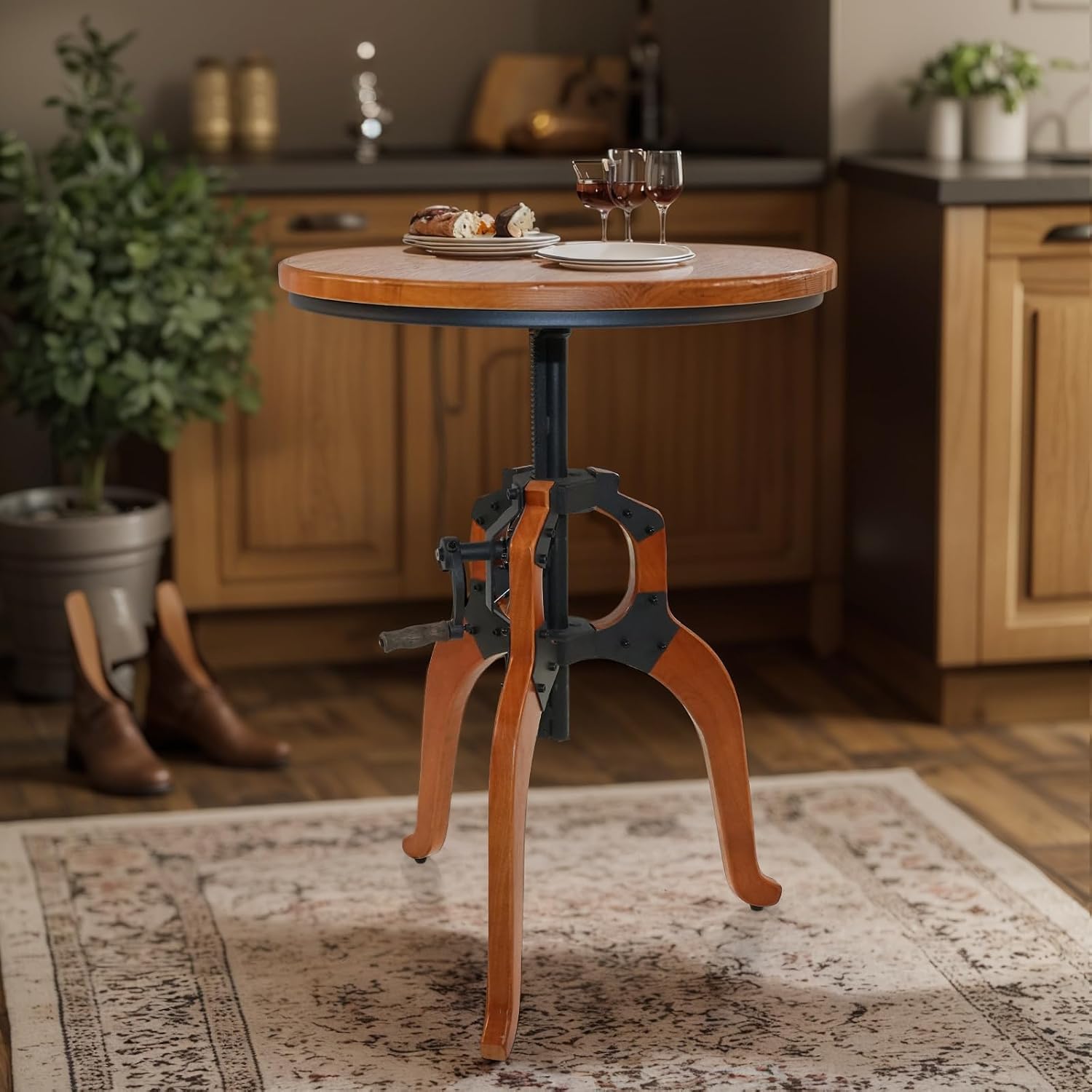 LOKKHAN Industrial Vintage Side Table, 23.62" Solid Wood Round Tabletop, 26-31.9" Height Adjustable with Lift Rocker Mechanism, Sturdy Shaft & Triangular Wood Base, Multi-Functional