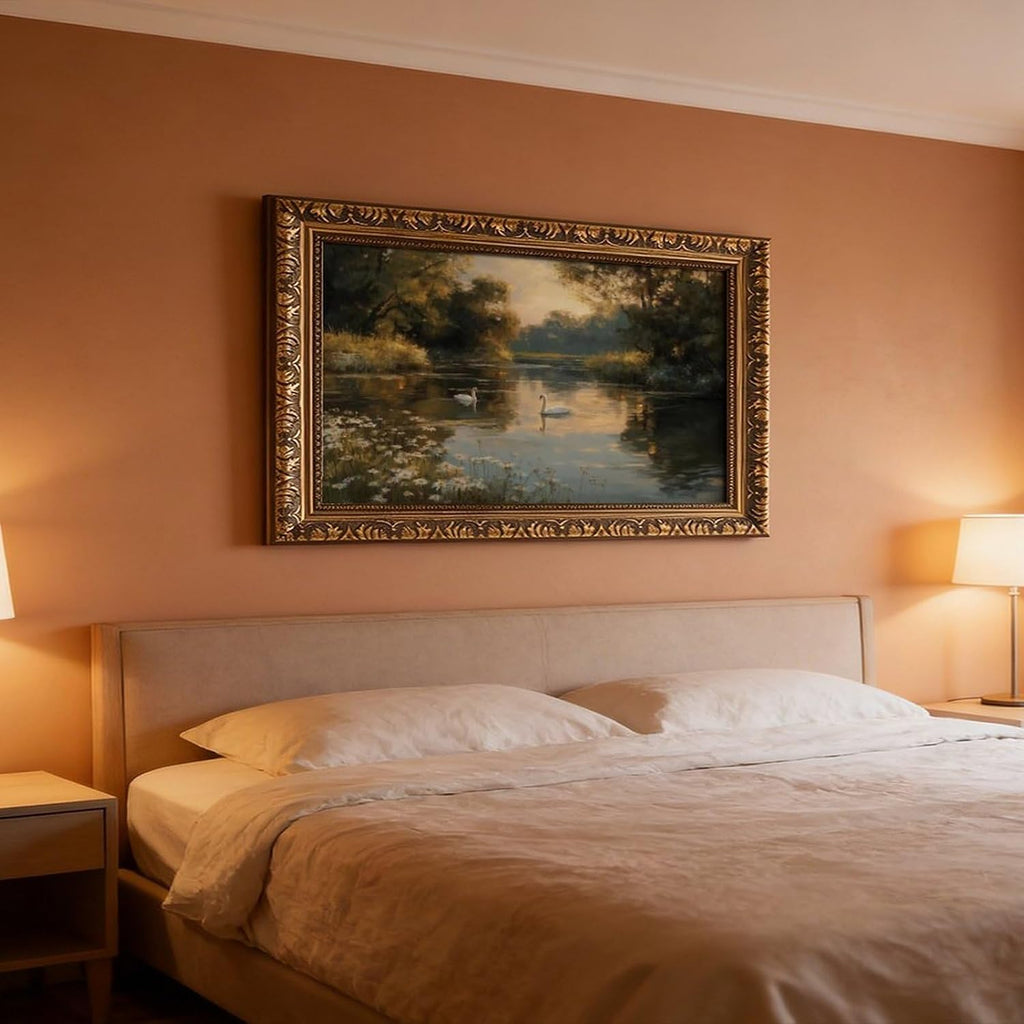 Swan Lake Landscape Oil Painting Vintage Gold Frame Framed Canvas Wall Art for Living Room Bedroom Office Dining Room Entryway Home Decor Ready to Hang 18x12 Inch
