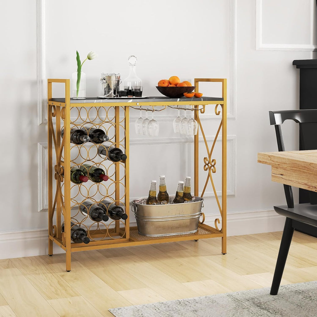 Giantex 21-Bottle Wine Rack Freestanding Floor, Wine Bar Table with 6-Glass Wine Glass Holder, Industrial Wine Display Storage Shelf, Liquor Coffee Bar Cabinet for Home, Dining Room (Gold+Black)
