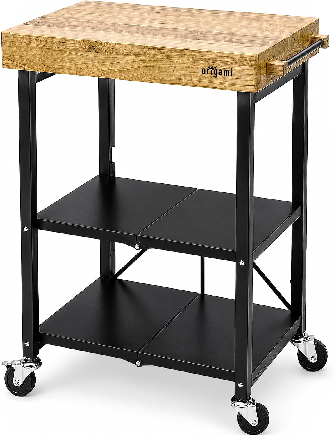 Origami RBT Series Steel-Frame Folding Kitchen Cart with Wheels, 3-Tier Shelves, Black - 200 lbs Capacity, Pre-Assembled Foldable Rolling Island, Portable for Indoor and Outdoor Use