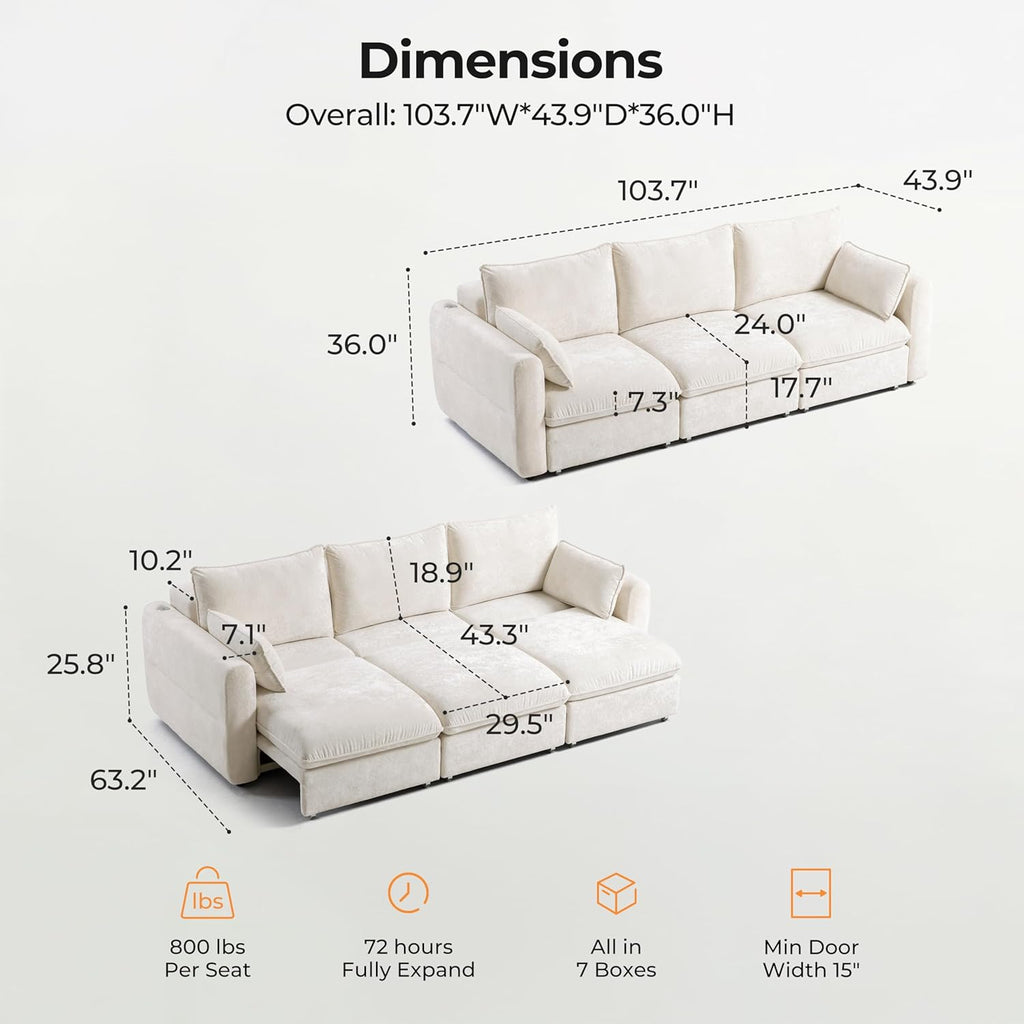 103" Electric Pull Out Sleeper Sofa Bed, 2in1 Convertible Power Extendable Couch Bed with Fast Charging USB&3 Smart Motor&Wide Back, Oversized Couches for Living Room&Small Space, Velvet Beige
