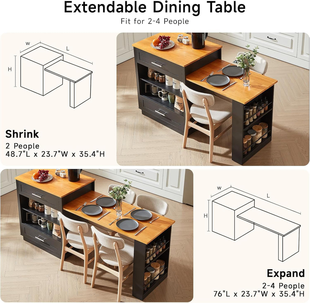 ONBRILL 76" Kitchen Islands with Extendable Dining Table, 2-4 Island Table with Double-Side Storage, Mobile Storage Islands Cart with Power Outlet & Spice Rack, Black