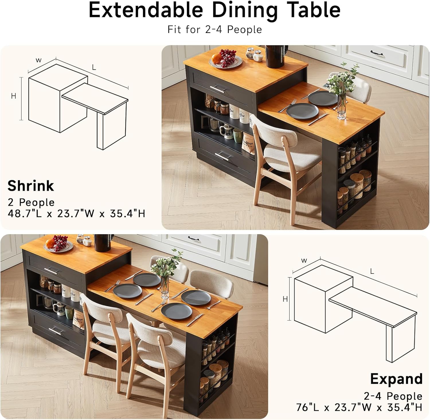 ONBRILL 76" Kitchen Islands with Extendable Dining Table, 2-4 Island Table with Double-Side Storage, Mobile Storage Islands Cart with Power Outlet & Spice Rack, Black