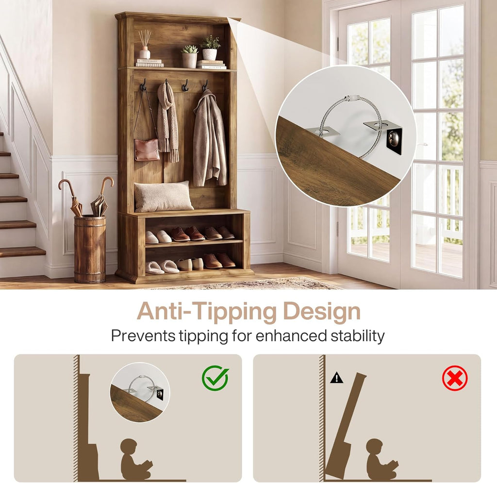Tribesigns Hall Tree with Bench and Shoe Storage, 70.89" Tall Hall Tree with Coat Hooks, Open Shoe Shelves and Top Display Shelf, Entryway Coat Rack for Mudroom, Hallway, Bedroom, Rustic Brown