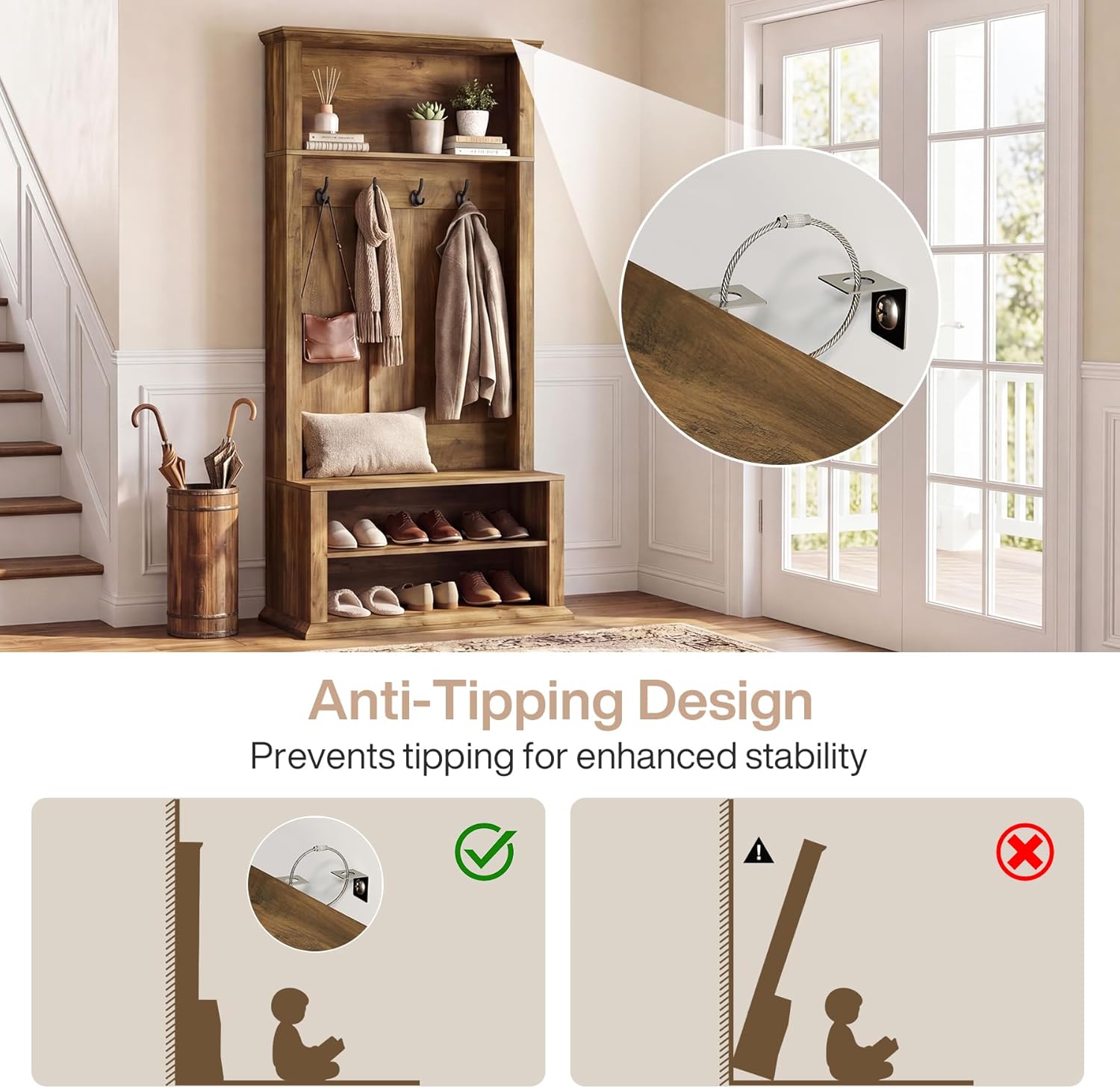 Tribesigns Hall Tree with Bench and Shoe Storage, 70.89" Tall Hall Tree with Coat Hooks, Open Shoe Shelves and Top Display Shelf, Entryway Coat Rack for Mudroom, Hallway, Bedroom, Rustic Brown