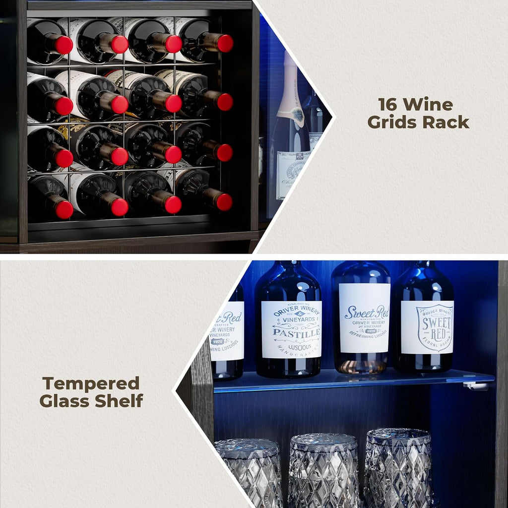 59.05" Wine Bar Cabinet W/ LED Lights & Tempered Glass Door, Home Bar Liquor Storage Cabinet With 16 Grid Wine Glass Rack & Adjustable Shelves,Coffee Cabinet with Drawer for Living Room, Dining Room
