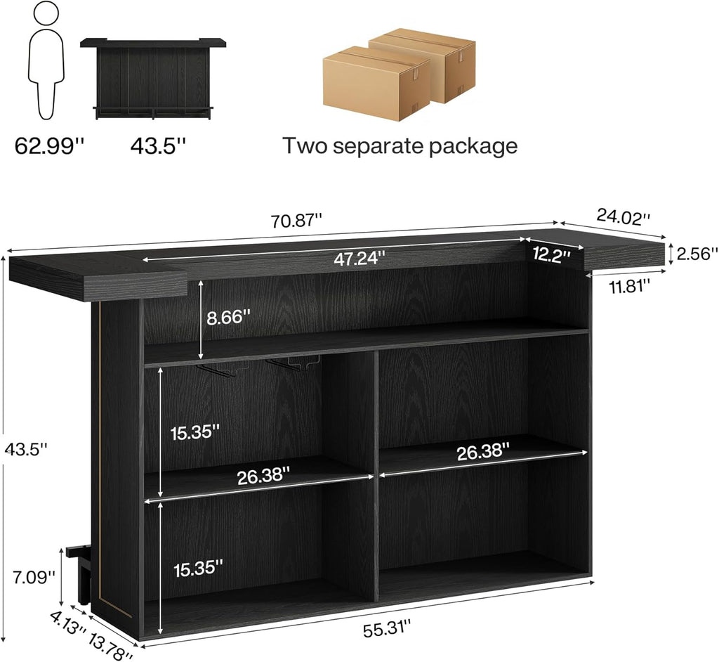 Tribesigns 70.9" Extra Large Bar Table, 4-Tier Storage Home Bar with Wine Glass Rack & Footrest, 2-in-1 Kitchen Island & Pub Table, Wooden Bar Unit for Kitchen, Living Room, Party