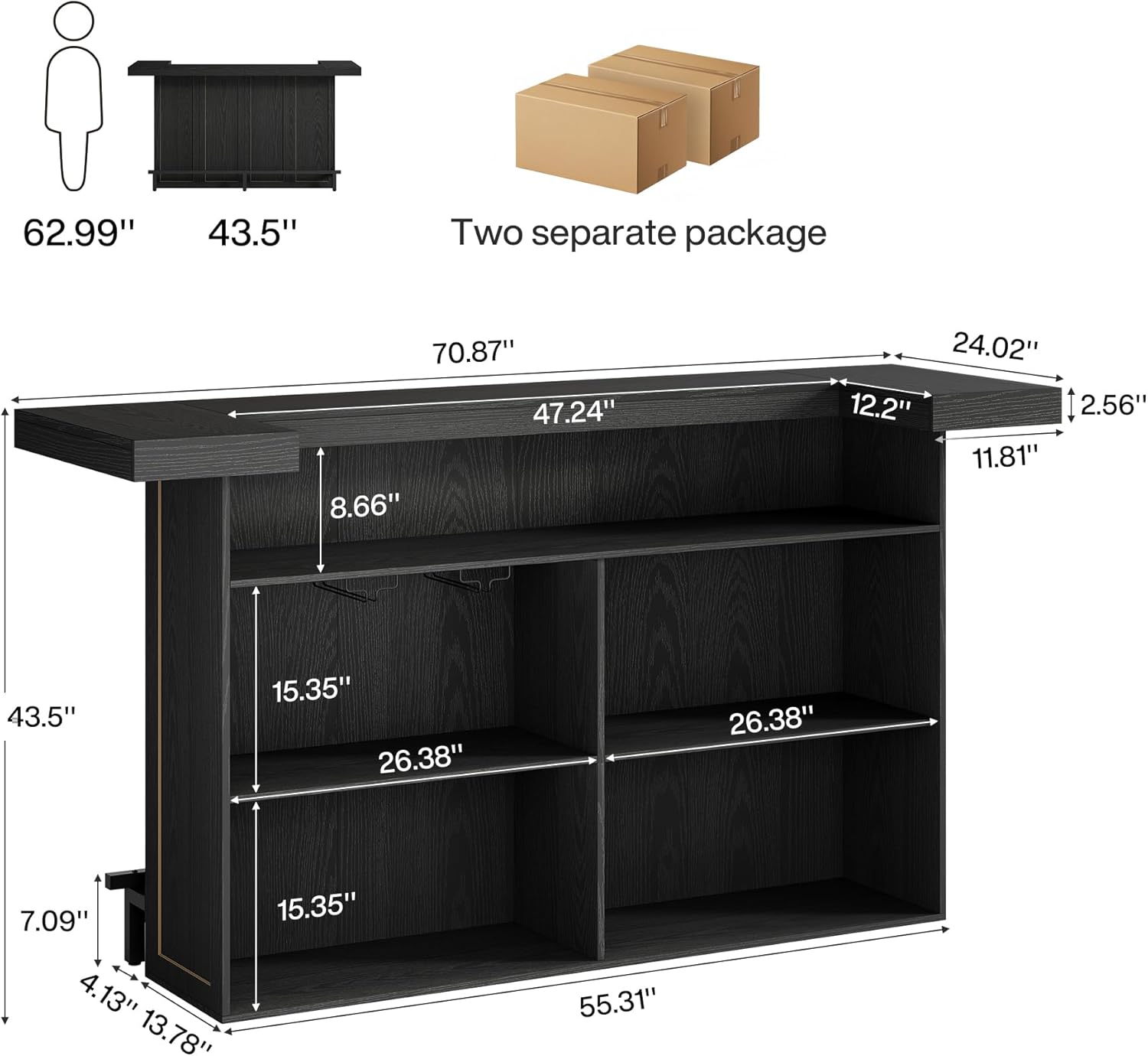 Tribesigns 70.9" Extra Large Bar Table, 4-Tier Storage Home Bar with Wine Glass Rack & Footrest, 2-in-1 Kitchen Island & Pub Table, Wooden Bar Unit for Kitchen, Living Room, Party