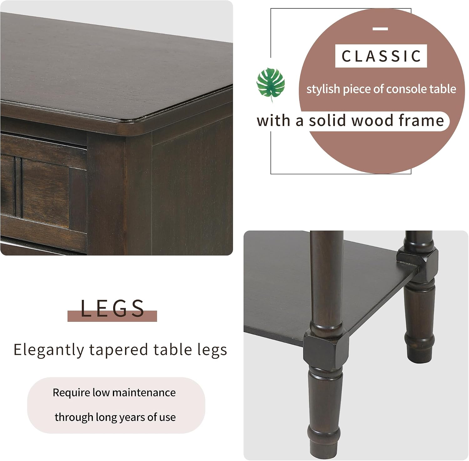 Knocbel Slim Antique Entry Console Table with 3 Drawers & Bottom Open Shelf, Solid Wood Narrow Small Sofa Table for Entryway Hallway Living Room 23.7" W x 13" D x 31.4" H Brown
