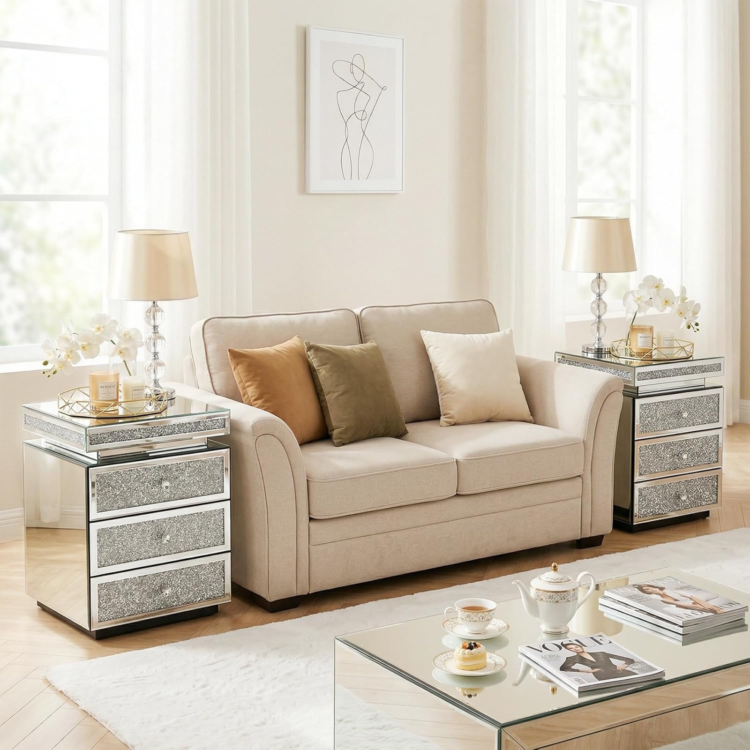 Modern Glam Glass Mirror Nightstand, Silver Bedside Table with Sparkling Crushed Diamond, 3-Drawer Luxury Mirrored Accent Table for Living Room, Bedroom, Fully Assembled