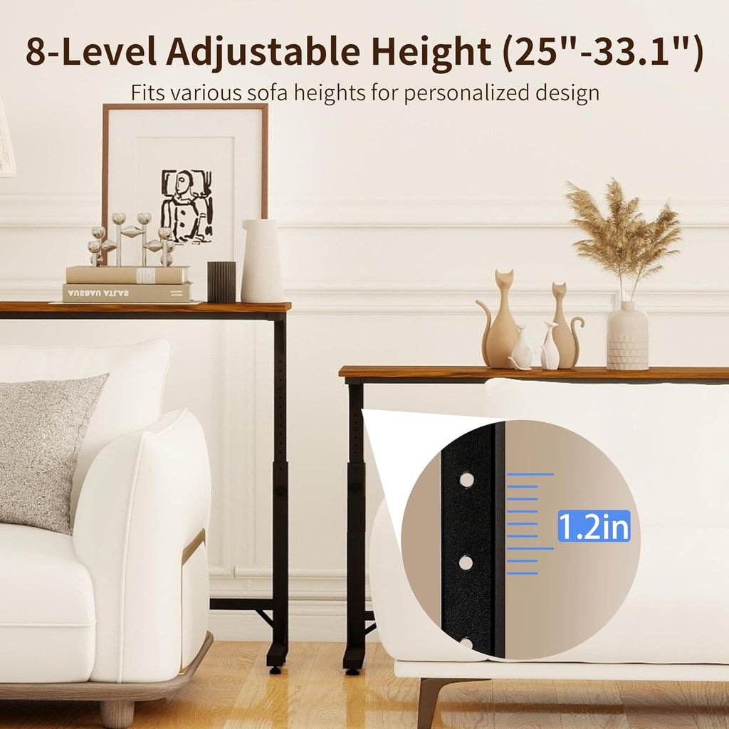 2 Pack Wide Behind Couch Table with Charging Station, 11.8" Deep C-Shaped Sofa Table, 78.8" Long Narrow Console Table with Adjustable Height (25"-33"), USB-C & Outlets, Rustic Brown