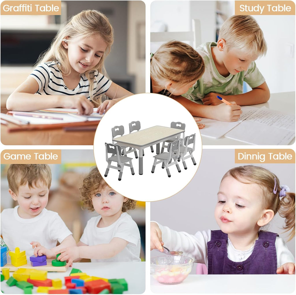 GAOMON Kids Table and 6 Chairs Set, Height Adjustable Toddler Table and Chair Set for Ages 2-10, Graffiti Desktop, Non-Slip Legs, Children Activity Table for Daycare Classroom Home