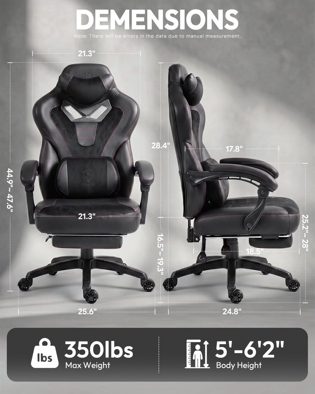 Dowinx Gaming Chair with Footrest, Big and Tall Gaming Chair for Heavy People, Ergonomic Gaming Chair for Adults, Reclining Computer Game Chair with Massage Lumbar Support, Black