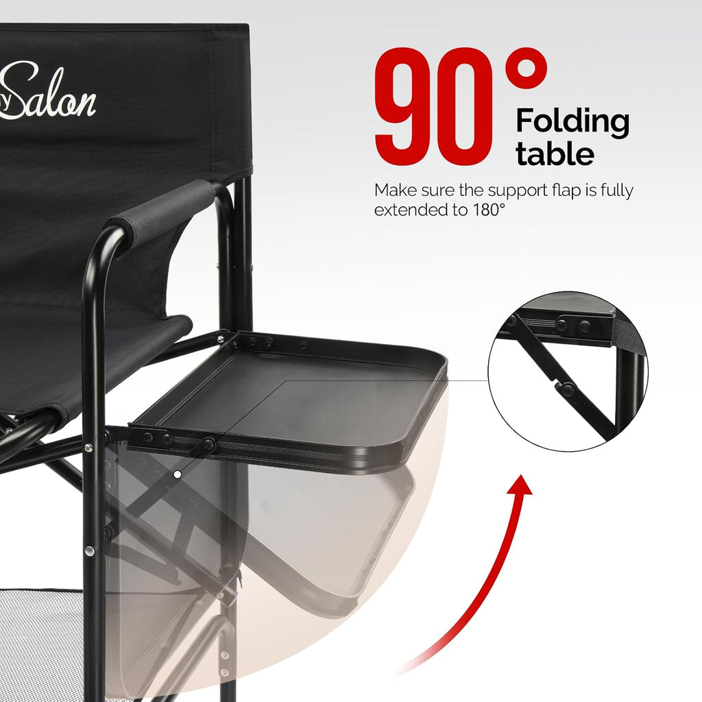 OmySalon Tall Folding Directors Chair with Side Table Storage Bag, Aluminum Frame 300 lbs Capacity, Portable Makeup Artist Bar Height, 19.7" D x 24.6" W x 45.7" H(Black)