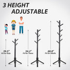 Unisakey Durable Wooden Coat Rack, Freestanding Coat Rack with Stable Triangular Base, 8 Hooks & 3 Adjustable Heights, Simple Assembly for Bedroom, Hallway, Office(New Black)