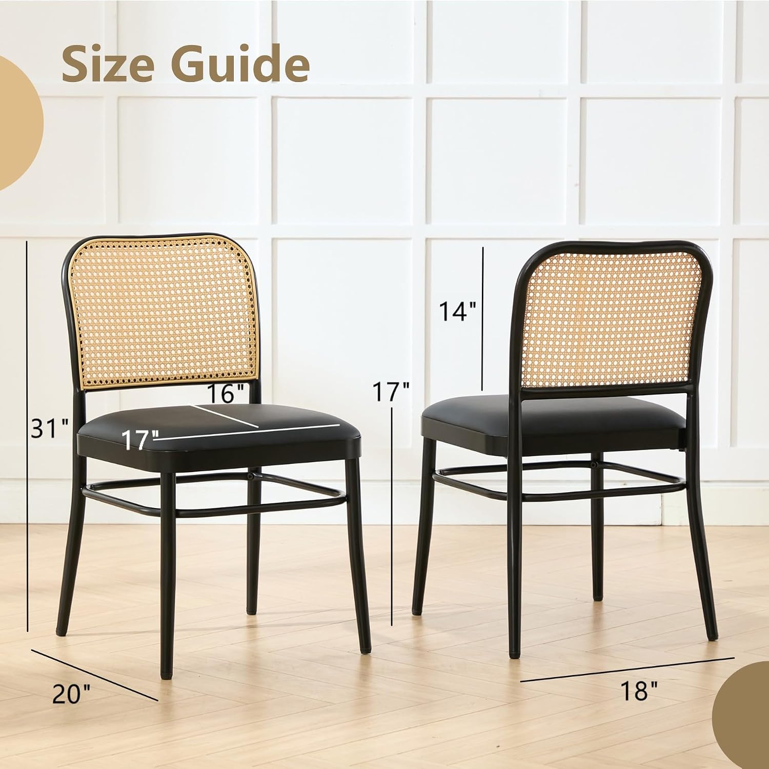 Rattan Dining Chairs Set of 4, Upholstered Faux Leather Dining Chairs with Cane Back, Mid Century Modern Kitchen & Dining Room Chairs, Boho Style, Black