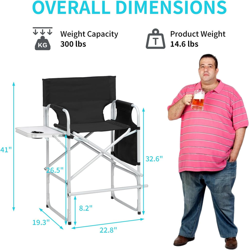 Outvita 26" Tall Directors Chair Height Seat Folding with Side Table Storage Bag, Support for 300Lbs Portable Makeup Artist Chair with Bar Height(Black)