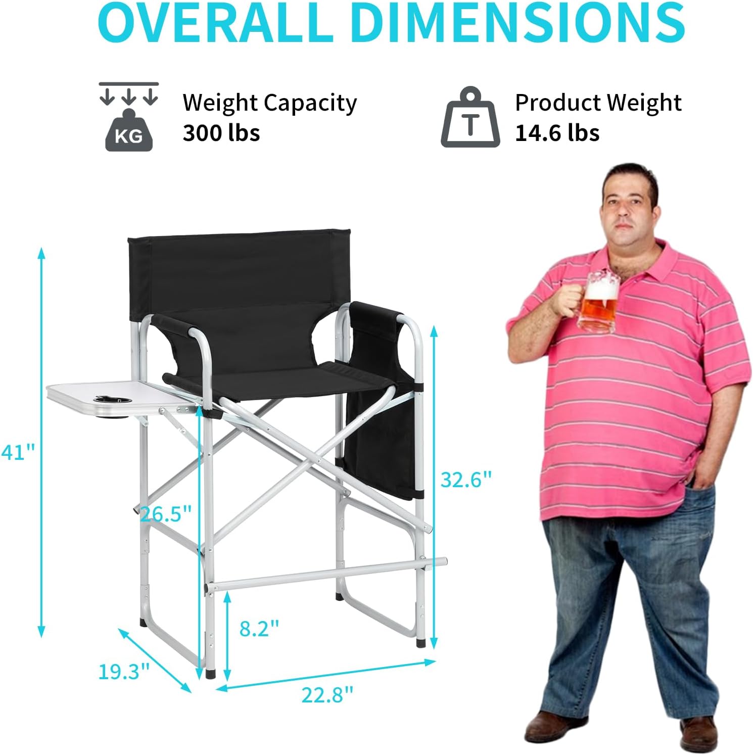 Outvita 26" Tall Directors Chair Height Seat Folding with Side Table Storage Bag, Support for 300Lbs Portable Makeup Artist Chair with Bar Height(Black)