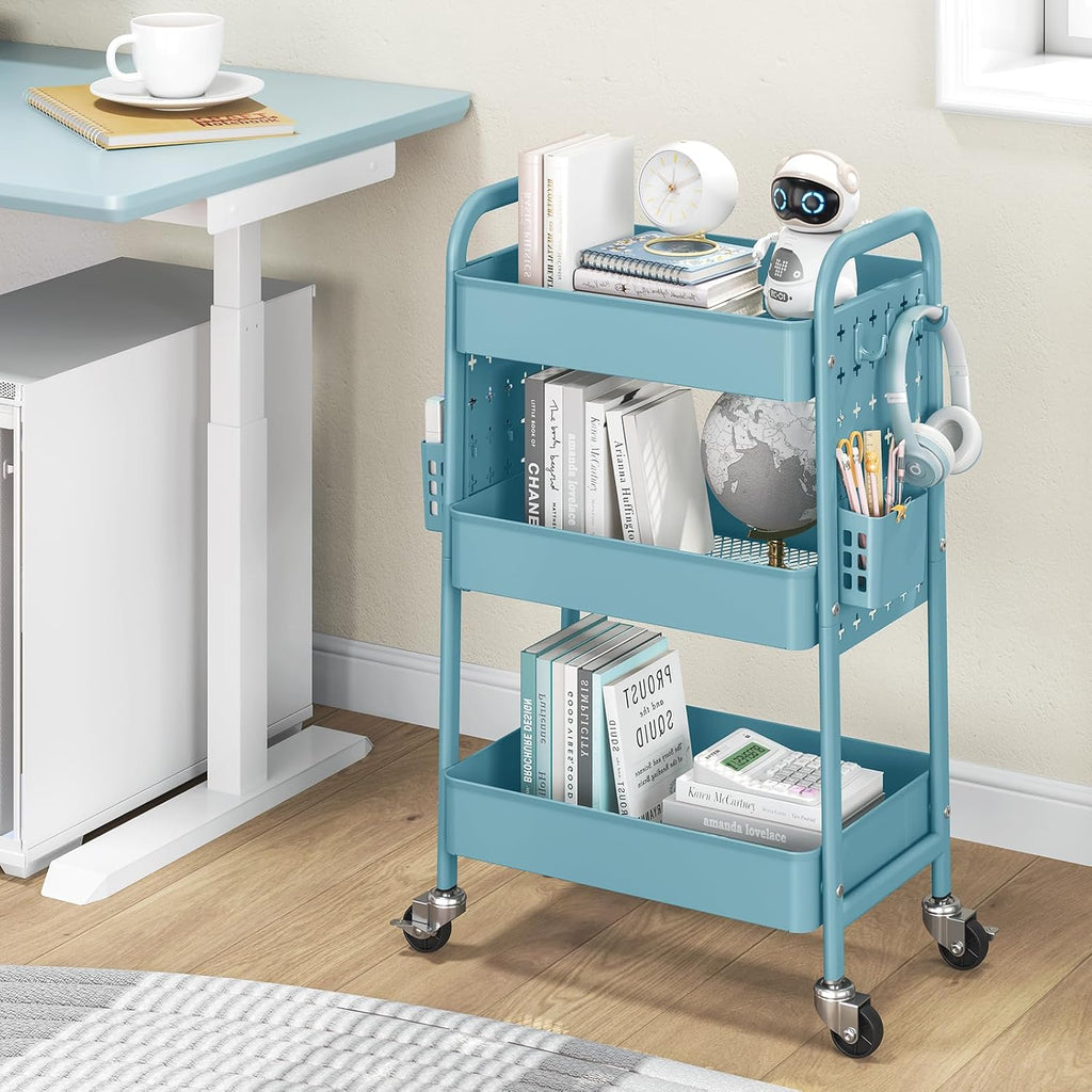 TOOLF Metal Rolling Storage Cart, 3-Tier Utility Mobile Cart with DIY Pegboards, Serving Trolley Cart with Baskets Hooks, for Kitchen, Bathroom, Office, Home, Classroom (Blue)