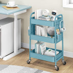 TOOLF Metal Rolling Storage Cart, 3-Tier Utility Mobile Cart with DIY Pegboards, Serving Trolley Cart with Baskets Hooks, for Kitchen, Bathroom, Office, Home, Classroom (Blue)
