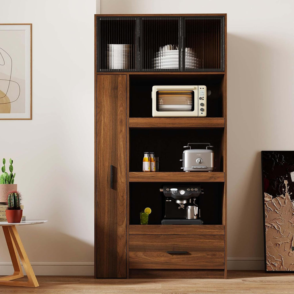 Pantry Cabinet with Doors, 71” Tall Kitchen Pantry Cabinet with Drawers & Microwave Shelf, Kitchen Hutch with Pull-Out Storage Shelves for Dining Room