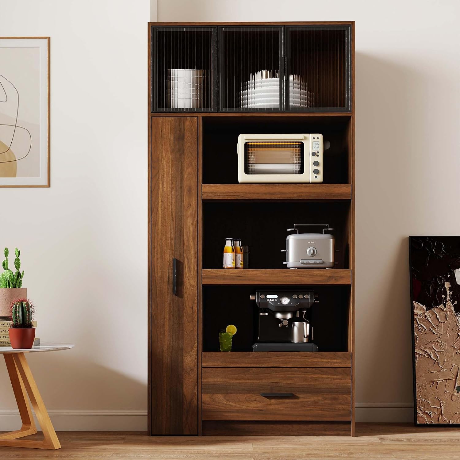 Pantry Cabinet with Doors, 71” Tall Kitchen Pantry Cabinet with Drawers & Microwave Shelf, Kitchen Hutch with Pull-Out Storage Shelves for Dining Room