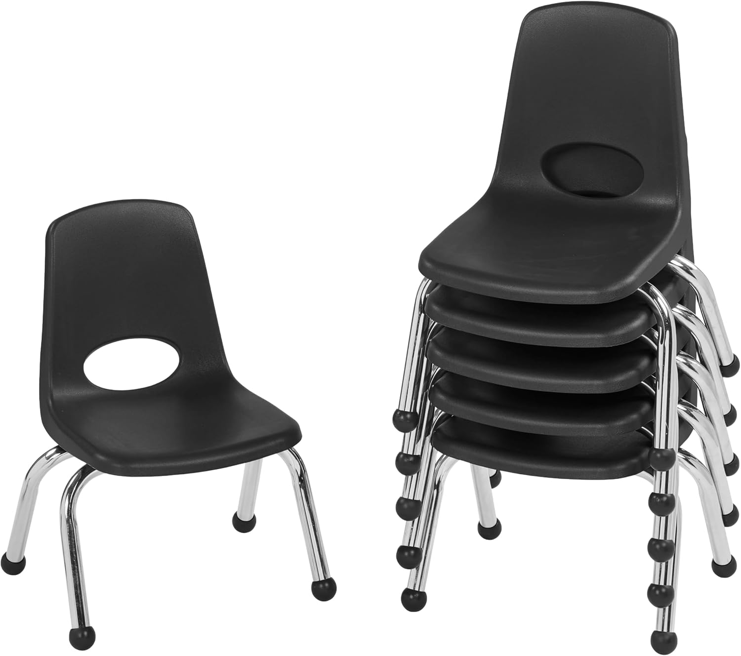 FDP 10" School Stack Chair, Stacking Student Seat with Chromed Steel Legs and Ball Glides For In-Home Learning or Classroom - Black (6-Pack), 10355-BK