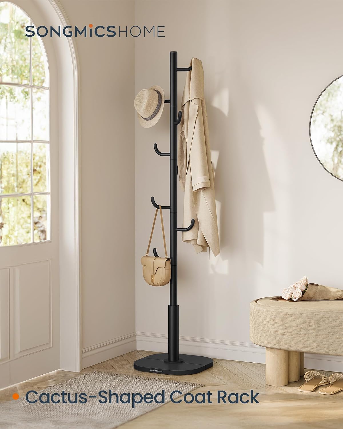 SONGMICS HOME Cactus-Shaped Coat Rack, Freestanding Coat Tree, Coat Hanger Stand with 8 Sturdy Hooks, with Curved Ends, for Clothes, Hats, Bags, Ink Black URCR039B01