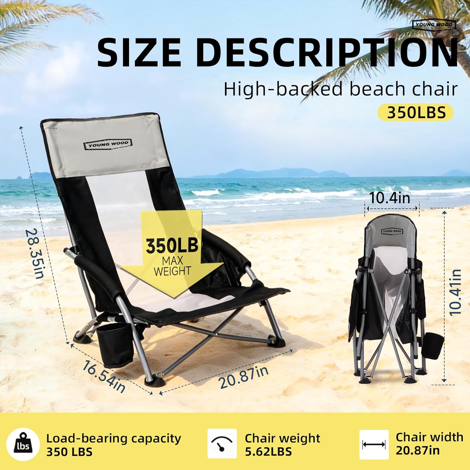 YOUNG WOOD High Beach Chair, Camping Chair, High Back Extra Wide Seat Chair with Comfortable Pillow & Storage Pocketsuitable for Adults, Children and Pets Fishing, PLoad Capacity 350lb,Black.1p